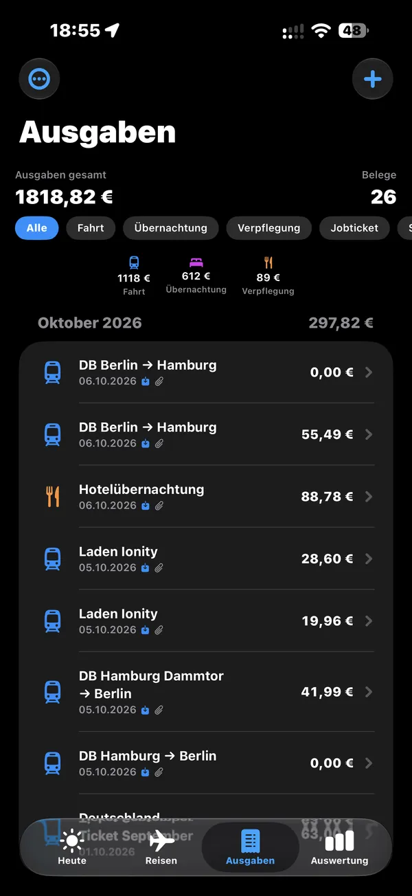 Tab Ausgaben: Bahnfahrten, Hotel und Ladevorgänge im Oktober